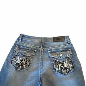 Sky Women's Blue Jeans with Skull Embellishments